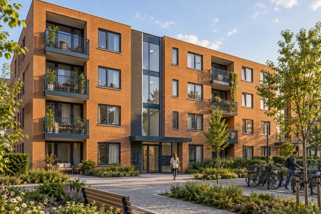 Illustratie van een bakstenen appartementencomplex met groene binnenruimte
