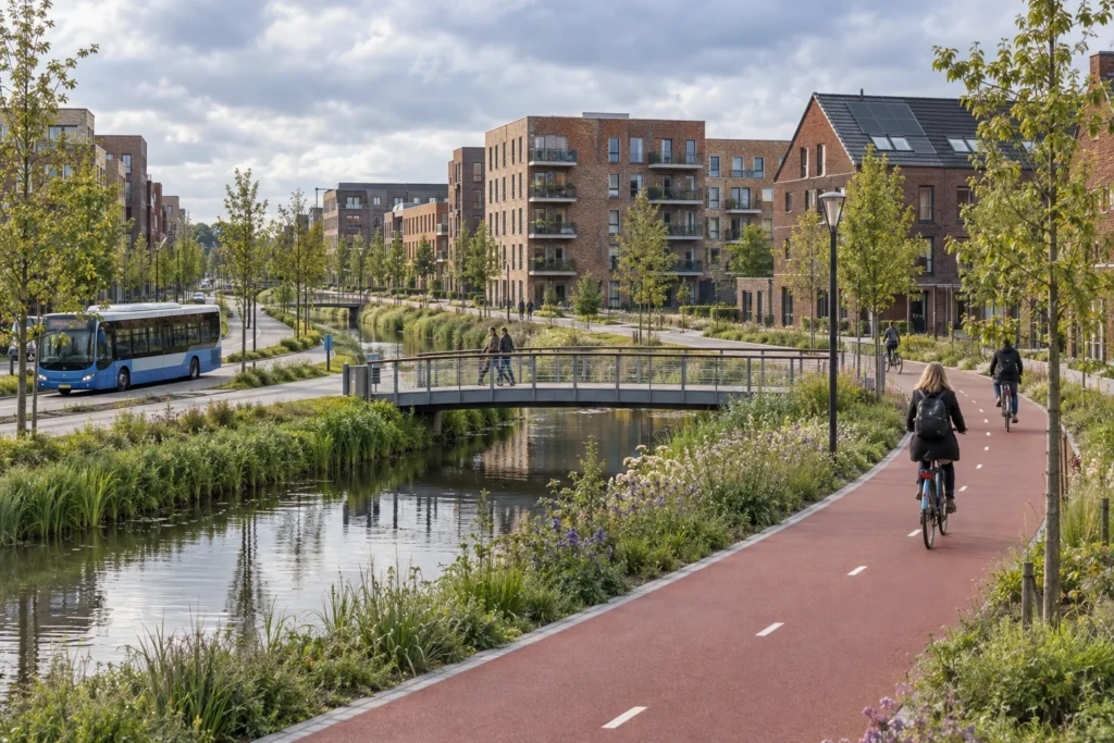 Illustratie van een woonwijk met fietspad, voetgangersbrug en bus