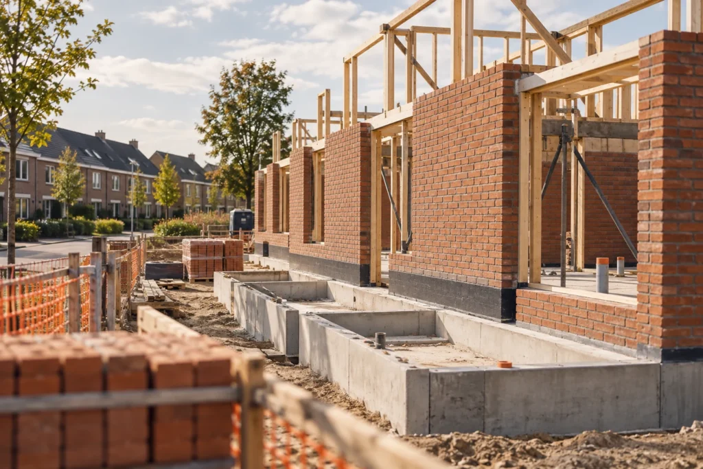 Illustratie van woningbouw met funderingen en eerste gemetselde muren