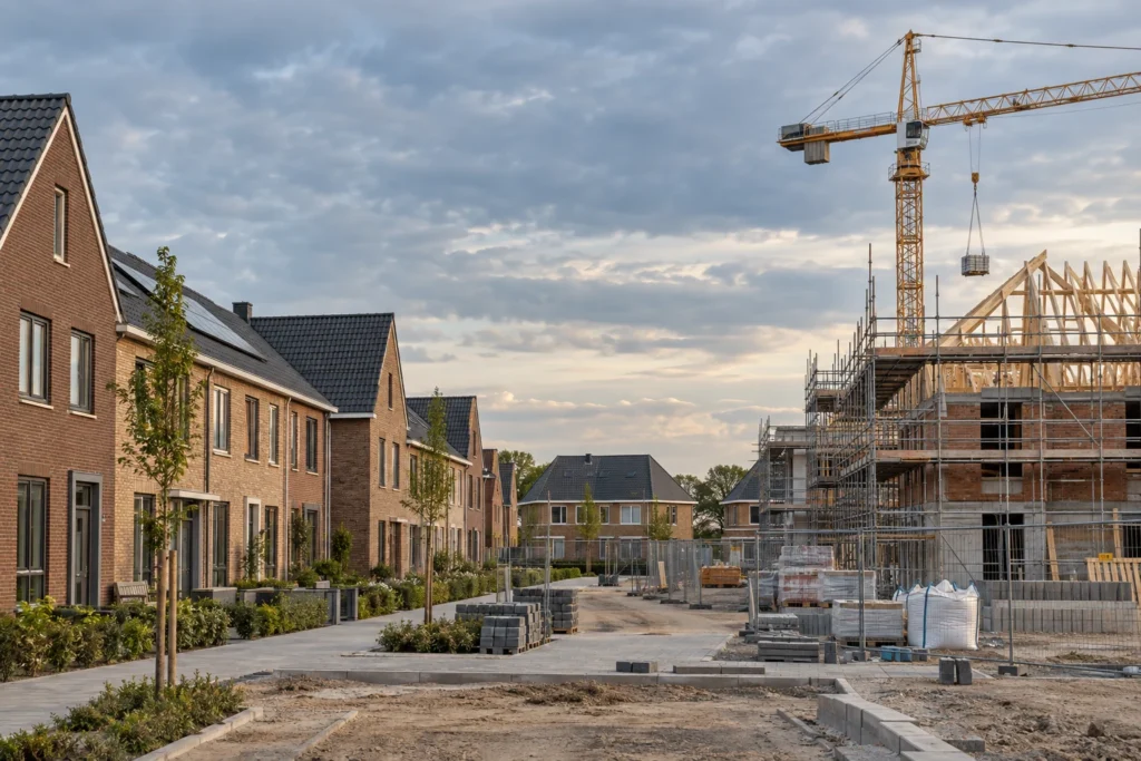 Illustratie van een woonstraat met voltooide woningen en nieuwbouw
