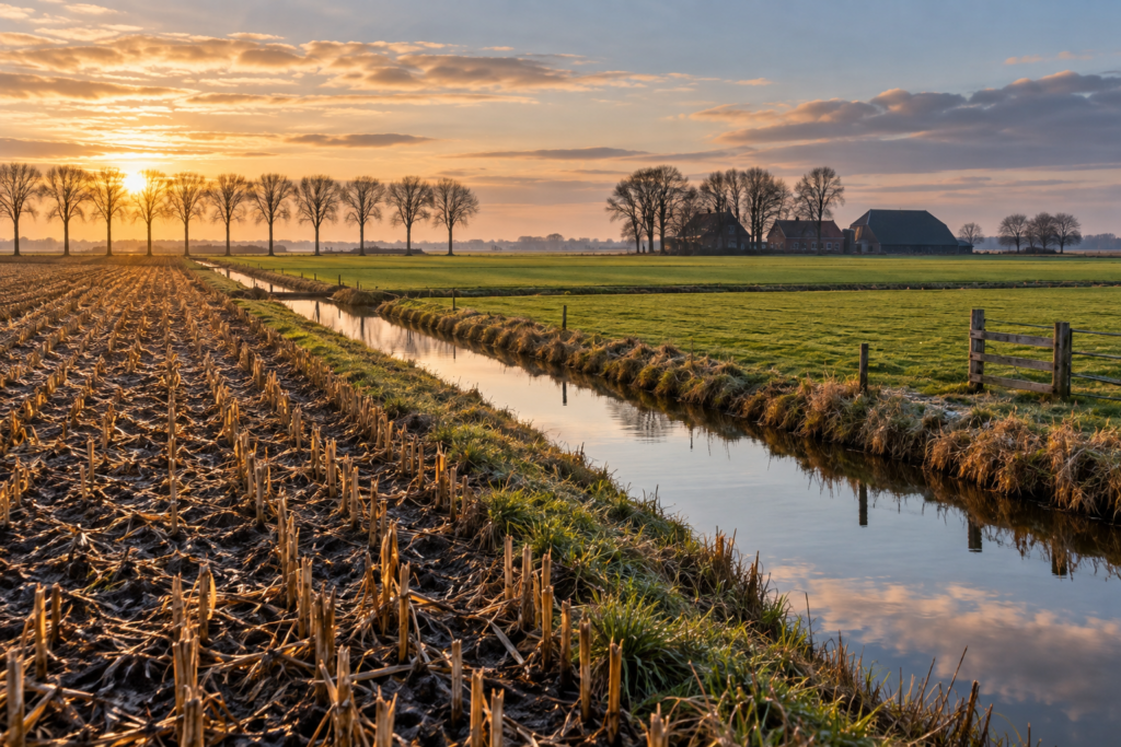 Geoogst landbouwperceel en grasland bij laag winterlicht