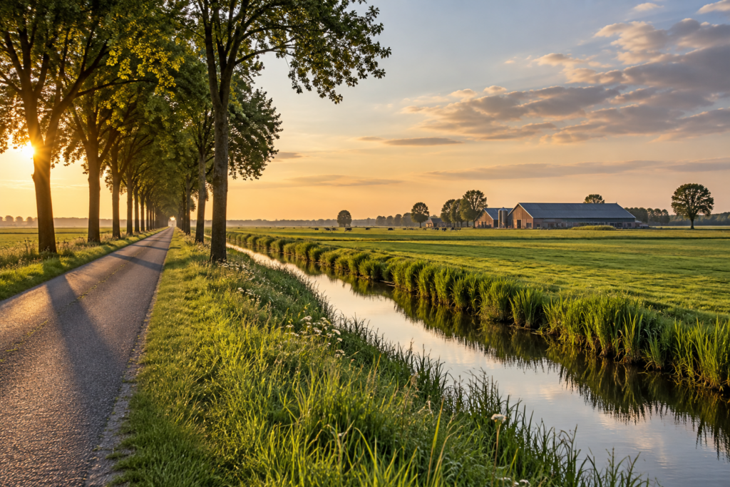 Boomrijke polderweg langs landbouwgrond, sloot en modern boerenbedrijf