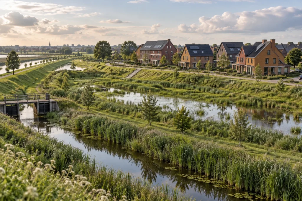 Illustratie van woningen bij een waterberging en groen landschap