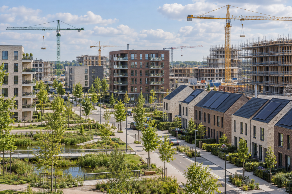 Grote Nederlandse nieuwbouwwijk met woningen, appartementen en bouwkranen
