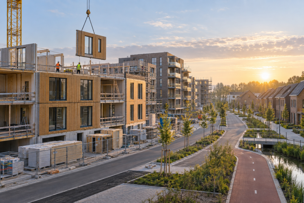 Kraan plaatst een houten gevelelement bij versnelde woningbouw