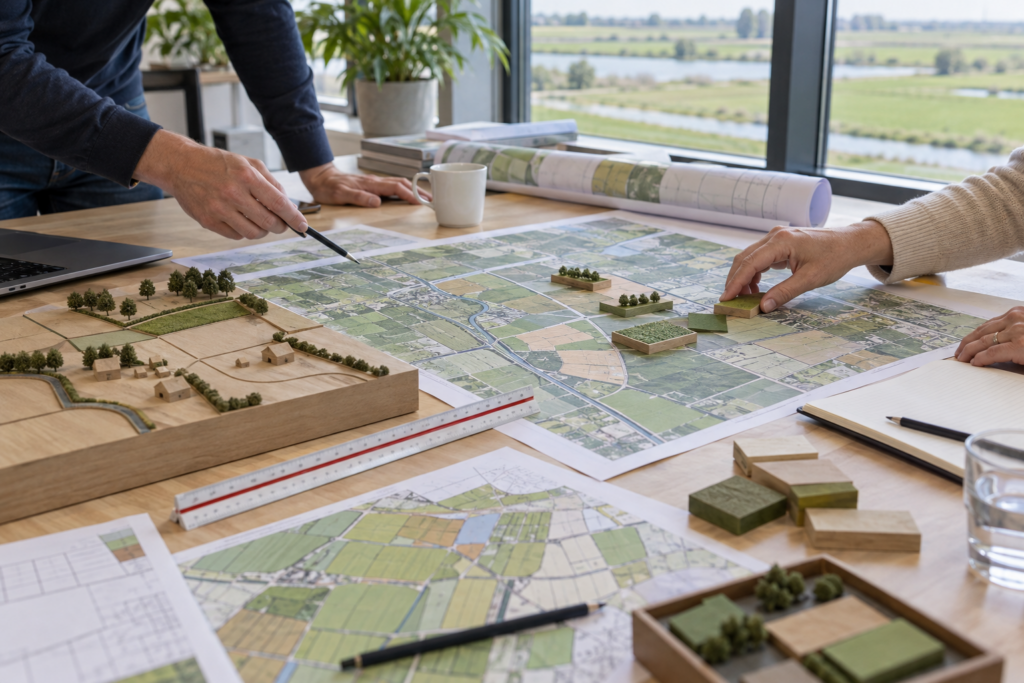 Planners bespreken landbouwpercelen en ruimtelijke modellen aan een werktafel
