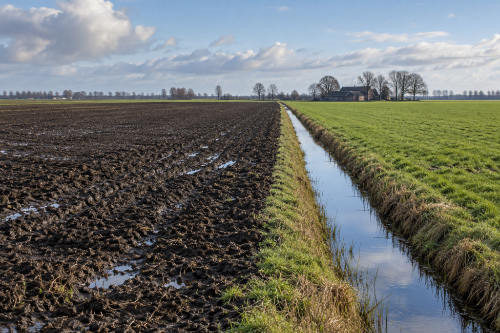 Nat bouwland en groen grasland aan weerszijden van een Nederlandse sloot