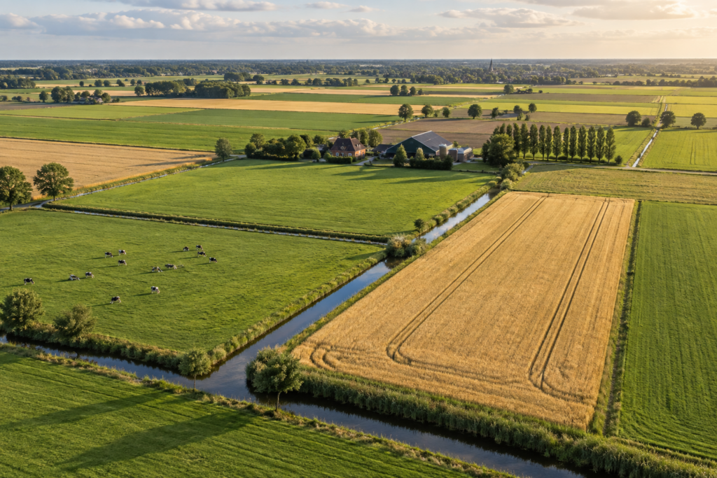 Nederlandse landbouwpercelen met grasland, bouwland en sloten in de zomer