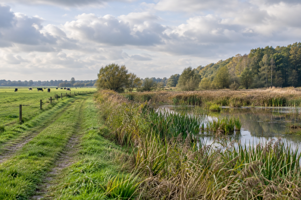 Grasland naast een nat natuurgebied met riet en bosrand