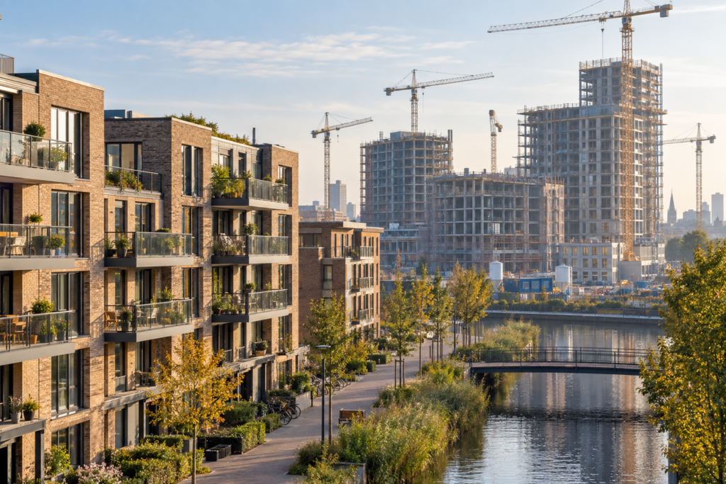 Bestaande appartementen met nieuwbouw en bouwkranen op de achtergrond