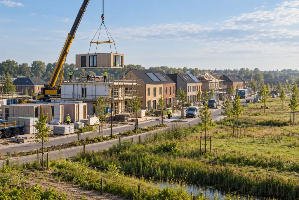 Illustratie van een kraan die een fabrieksmatig gebouwde woonmodule plaatst in een nieuwe Nederlandse woonwijk