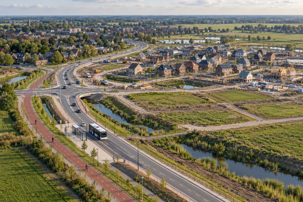 Illustratie van een nieuwe ontsluitingsweg met fietspad en bushalte naar een Nederlandse nieuwbouwwijk in aanbouw